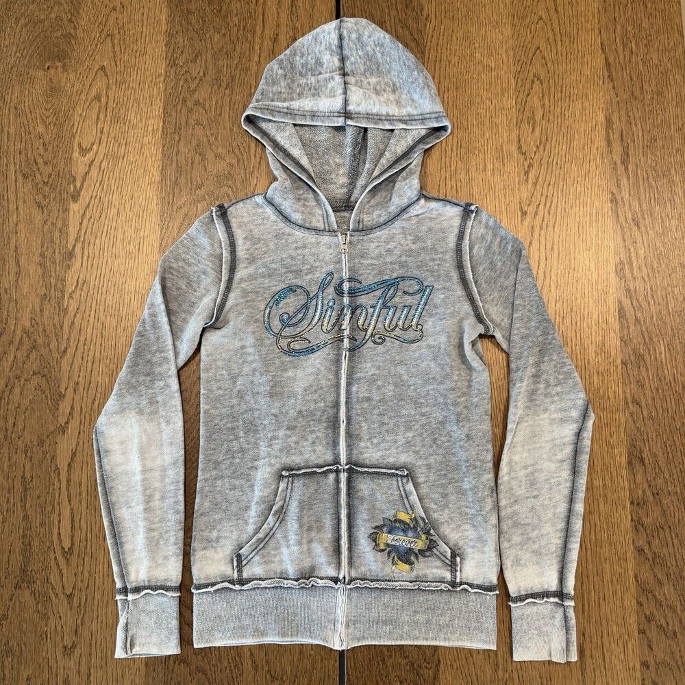 Vtg Sinful By Affliction Love & Pride Rhinestone Hoodie Jacket Womens S Gray Y2K